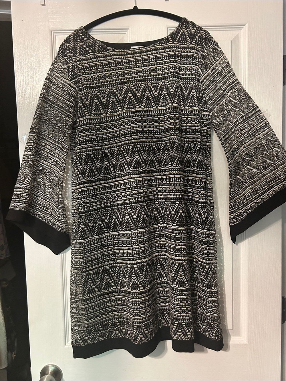 Emma & Michele Black Ivory Geometric Textured Knit Dress M 3/4 Sleeve